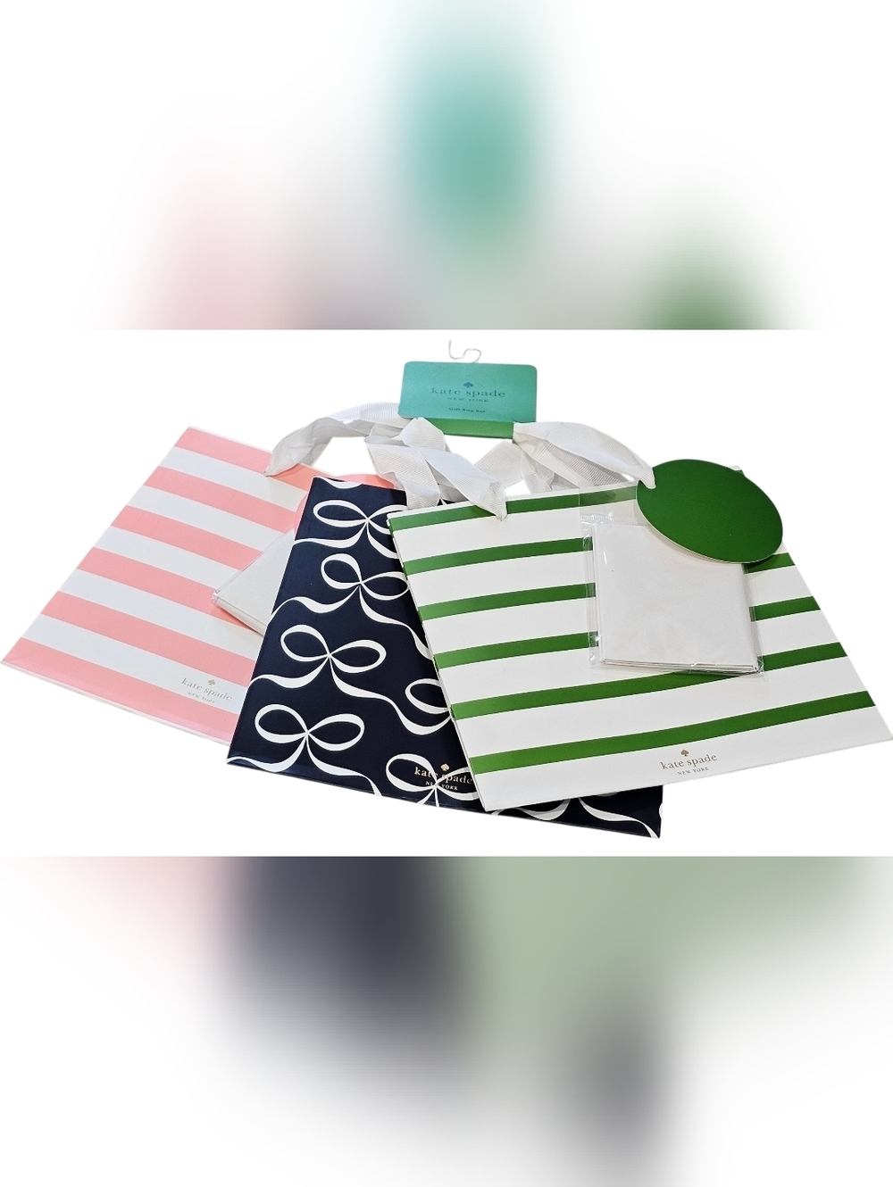 kate spade of New York, Striped & Bow Gift Bag Set in Pink, Black, Green, New.